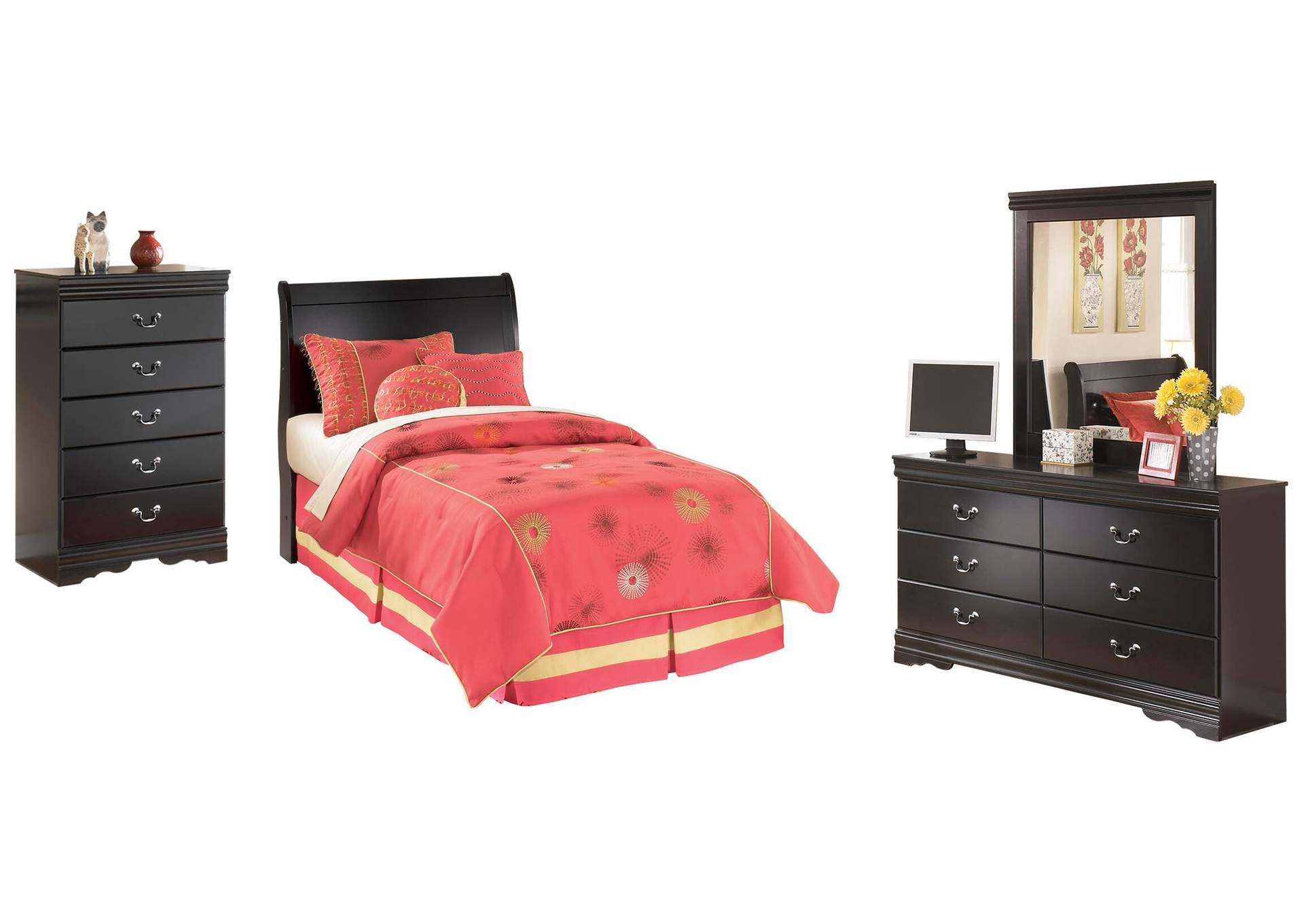 Huey Vineyard Twin Sleigh Headboard Bed with Mirrored Dresser and Chest