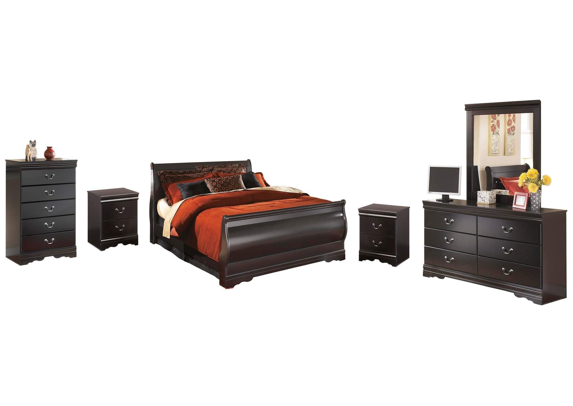 Huey Vineyard Queen Sleigh Bed with Mirrored Dresser, Chest and 2 Nightstands