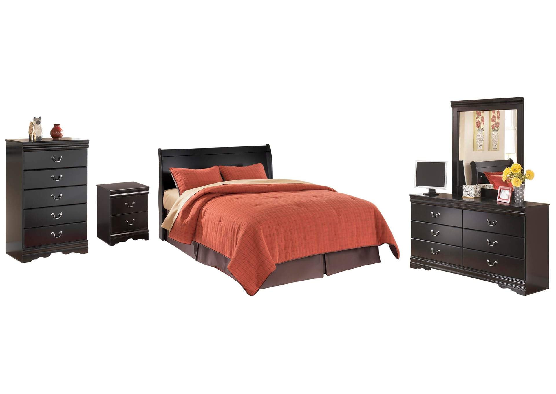 Huey Vineyard Queen Sleigh Headboard Bed with Mirrored Dresser, Chest and Nightstand