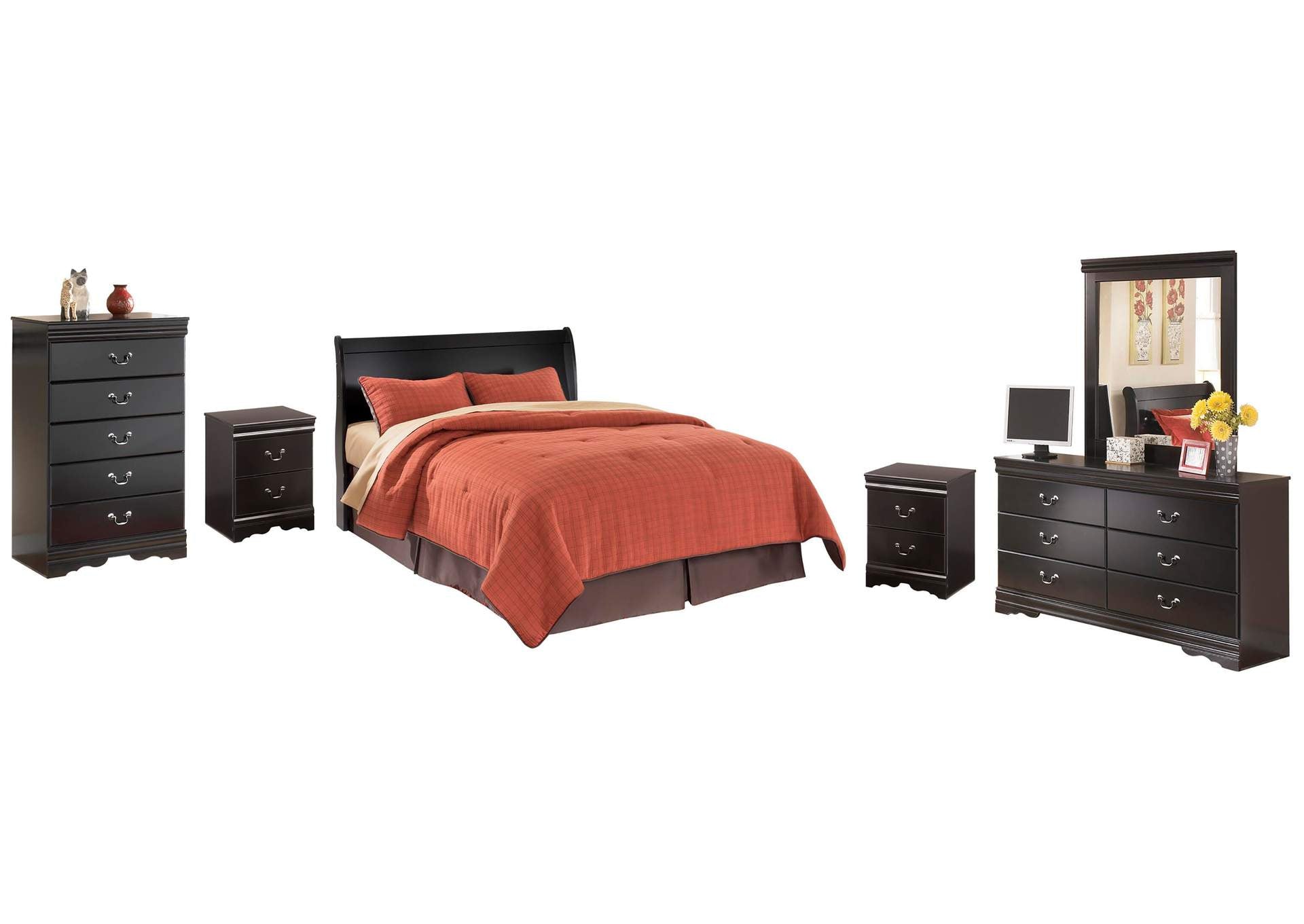 Huey Vineyard Queen Sleigh Headboard Bed with Mirrored Dresser, Chest and 2 Nightstands