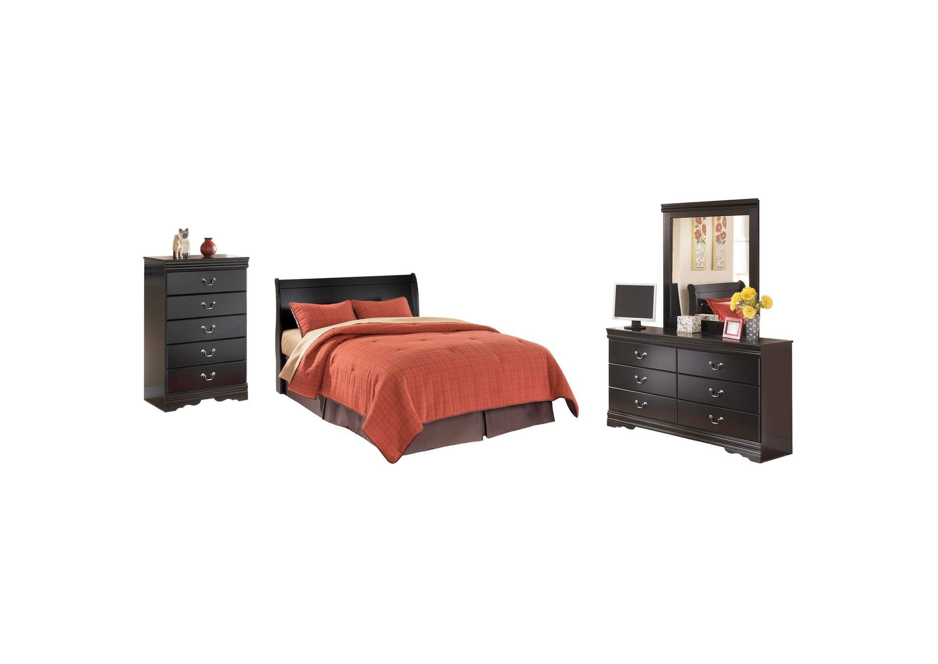 Huey Vineyard Queen Sleigh Headboard Bed with Mirrored Dresser and Chest
