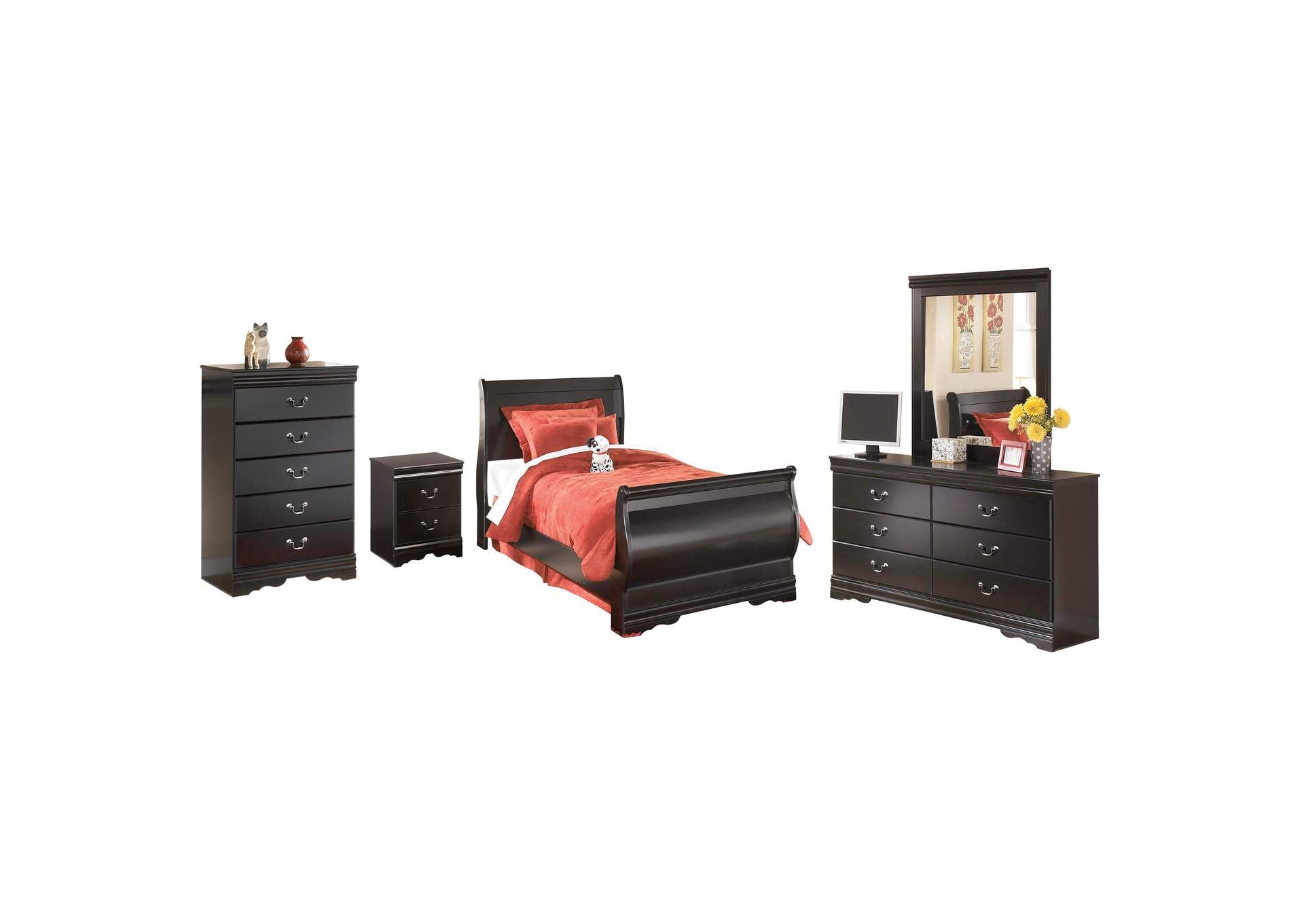 Huey Vineyard Full Sleigh Bed with Mirrored Dresser, Chest and Nightstand
