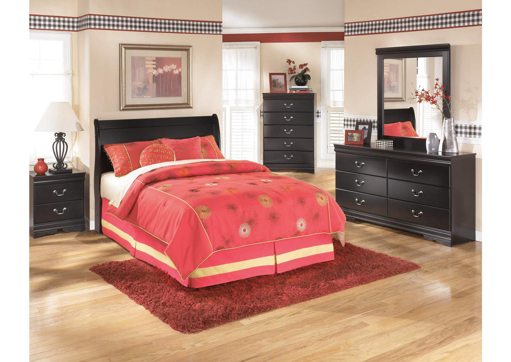 Huey Vineyard Full Sleigh Headboard Bed with Mirrored Dresser, Chest and 2 Nightstands