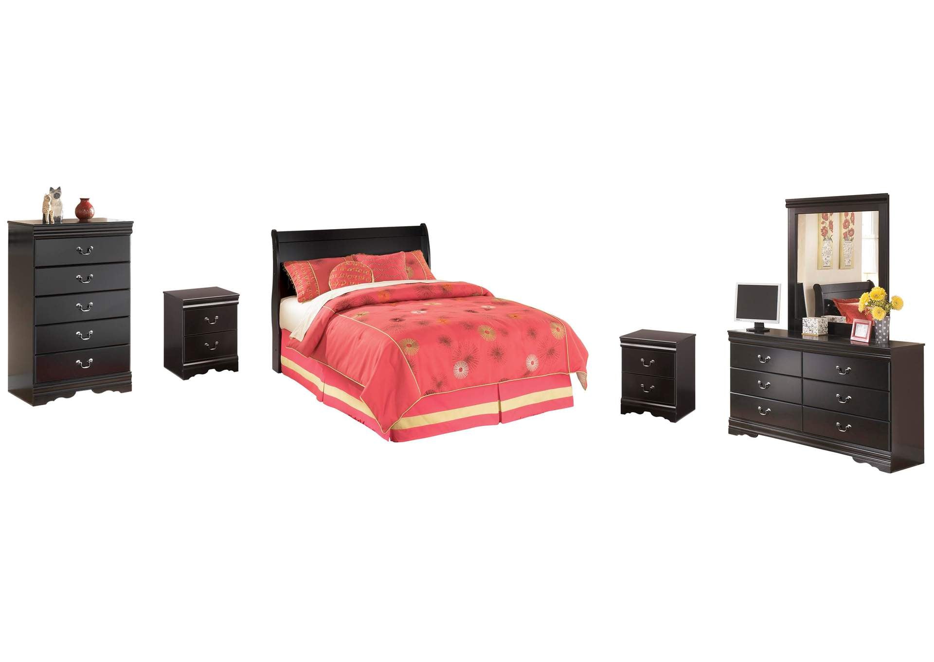 Huey Vineyard Full Sleigh Headboard Bed with Mirrored Dresser, Chest and 2 Nightstands