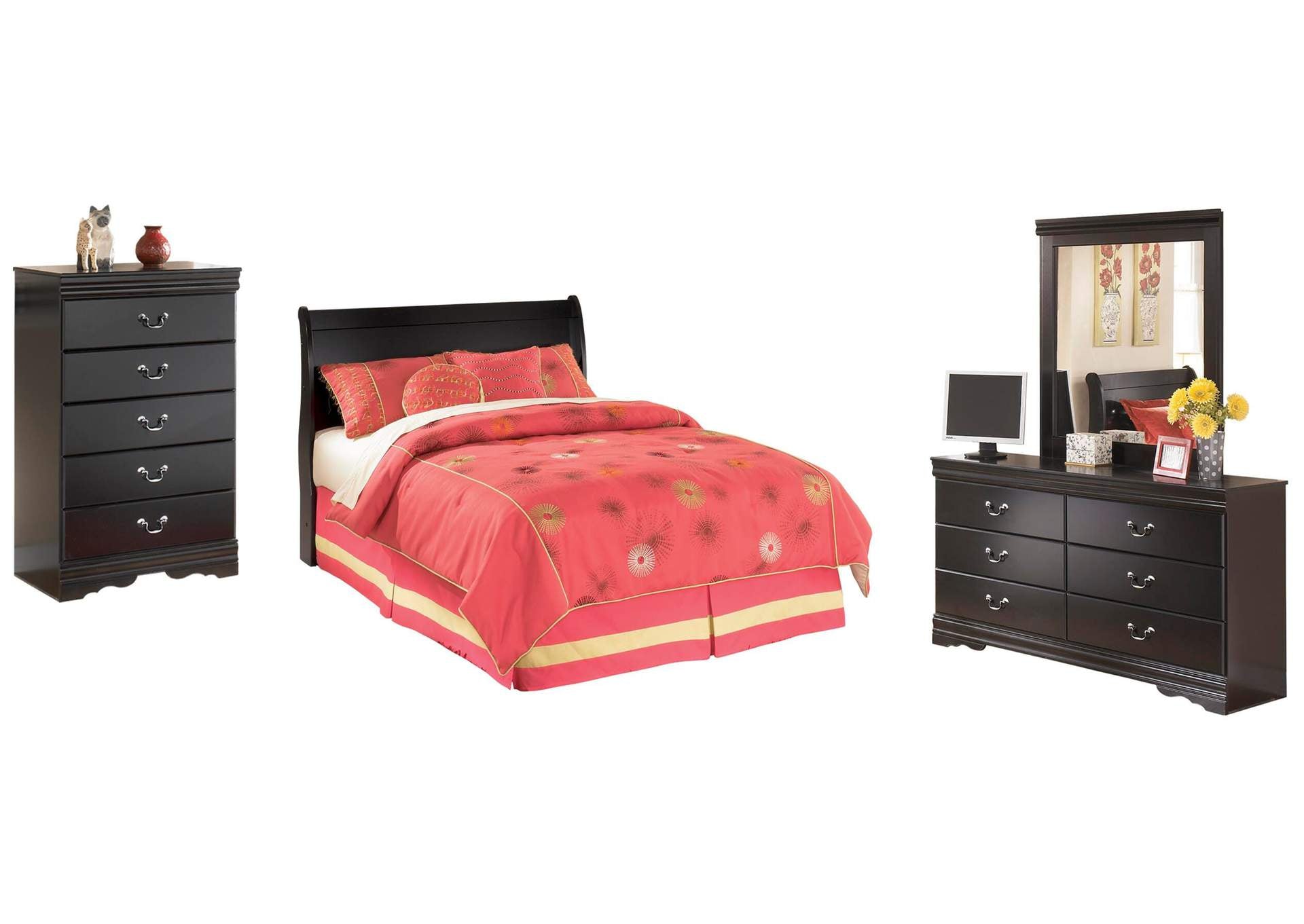 Huey Vineyard Full Sleigh Headboard Bed with Mirrored Dresser and Chest