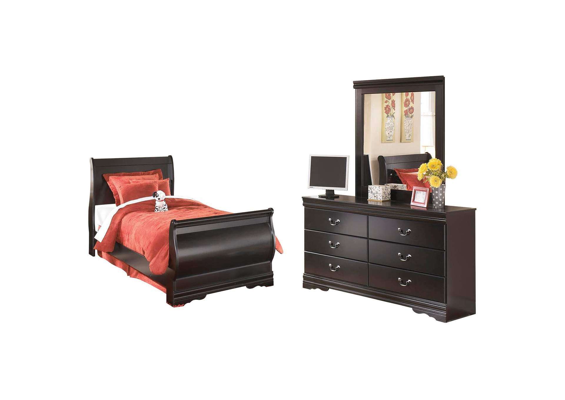 Huey Vineyard Twin Sleigh Bed with Mirrored Dresser