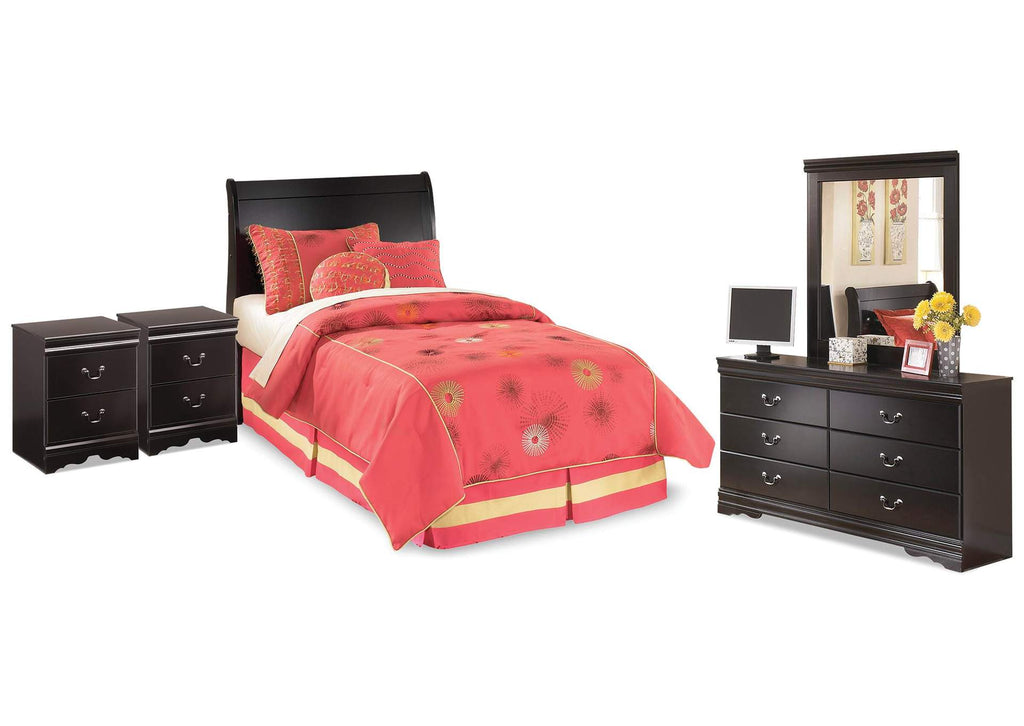 Huey Vineyard Twin Sleigh Headboard Bed with Mirrored Dresser and 2 Nightstands