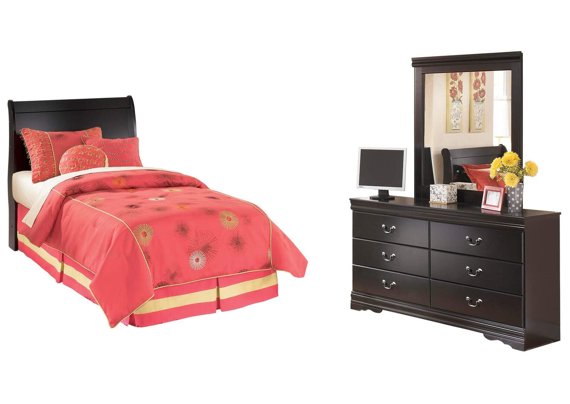 Huey Vineyard Twin Sleigh Headboard Bed with Mirrored Dresser
