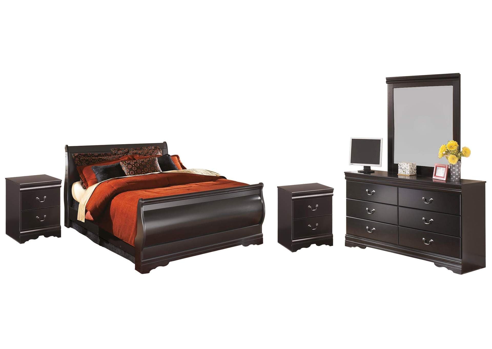 Huey Vineyard Full Sleigh Bed with Mirrored Dresser and 2 Nightstands