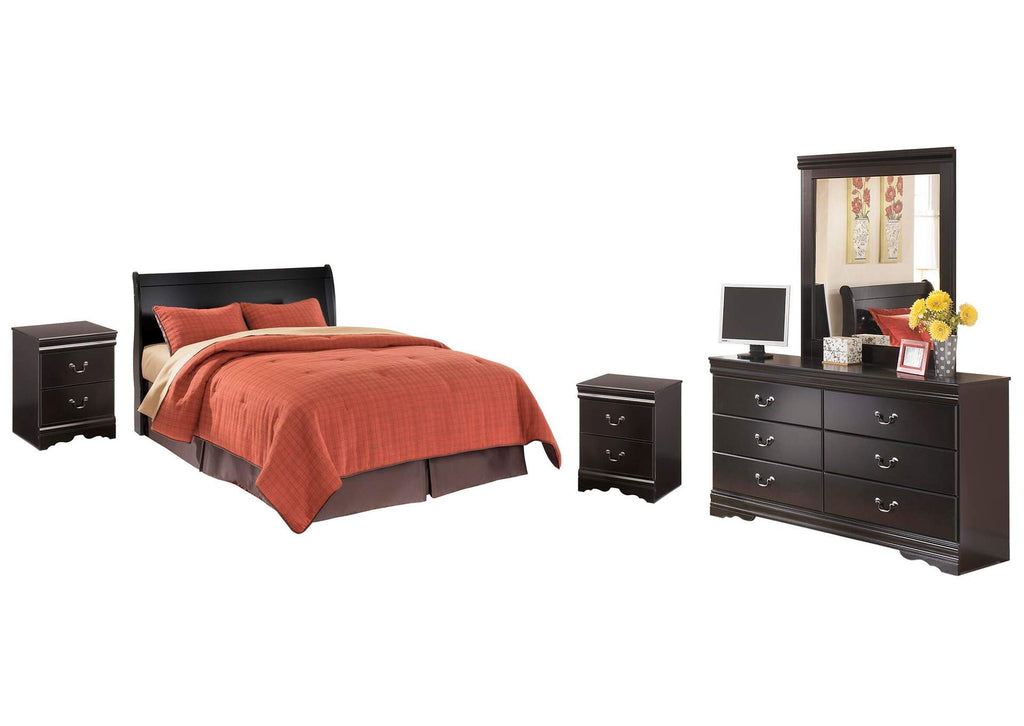 Huey Vineyard Queen Sleigh Headboard Bed with Mirrored Dresser and 2 Nightstands
