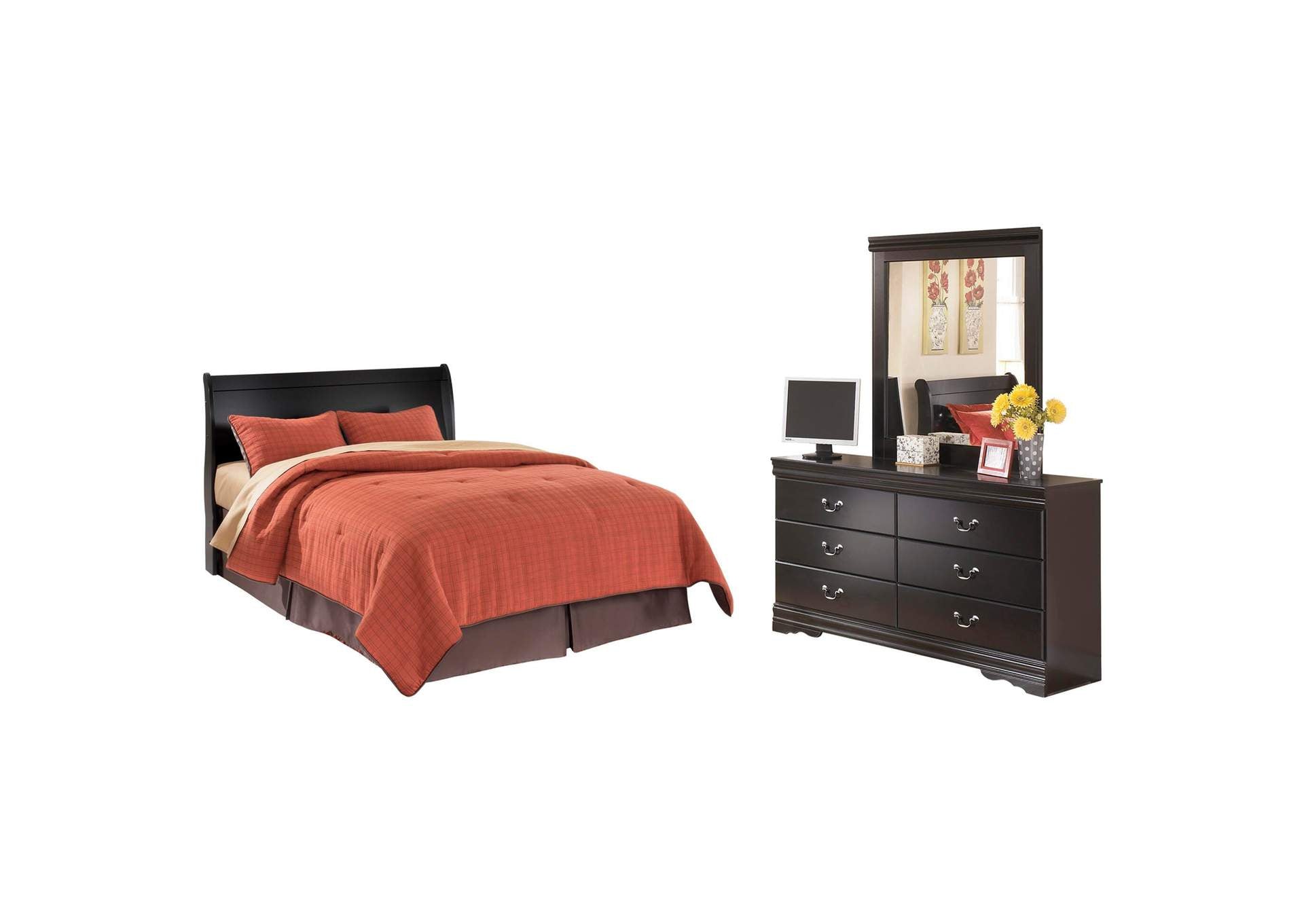 Huey Vineyard Queen Sleigh Headboard Bed with Mirrored Dresser