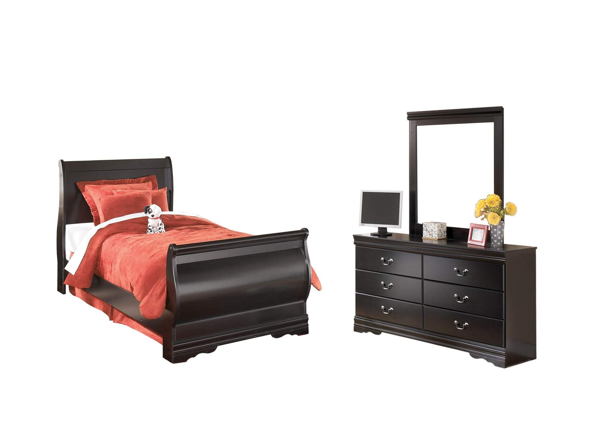 Huey Vineyard Twin Sleigh Bed with Mirrored Dresser and 2 Nightstands