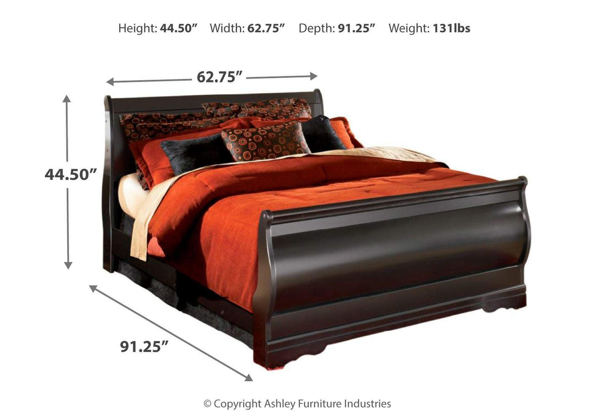 Huey Vineyard Queen Sleigh Bed with Mirrored Dresser and 2 Nightstands dimensions