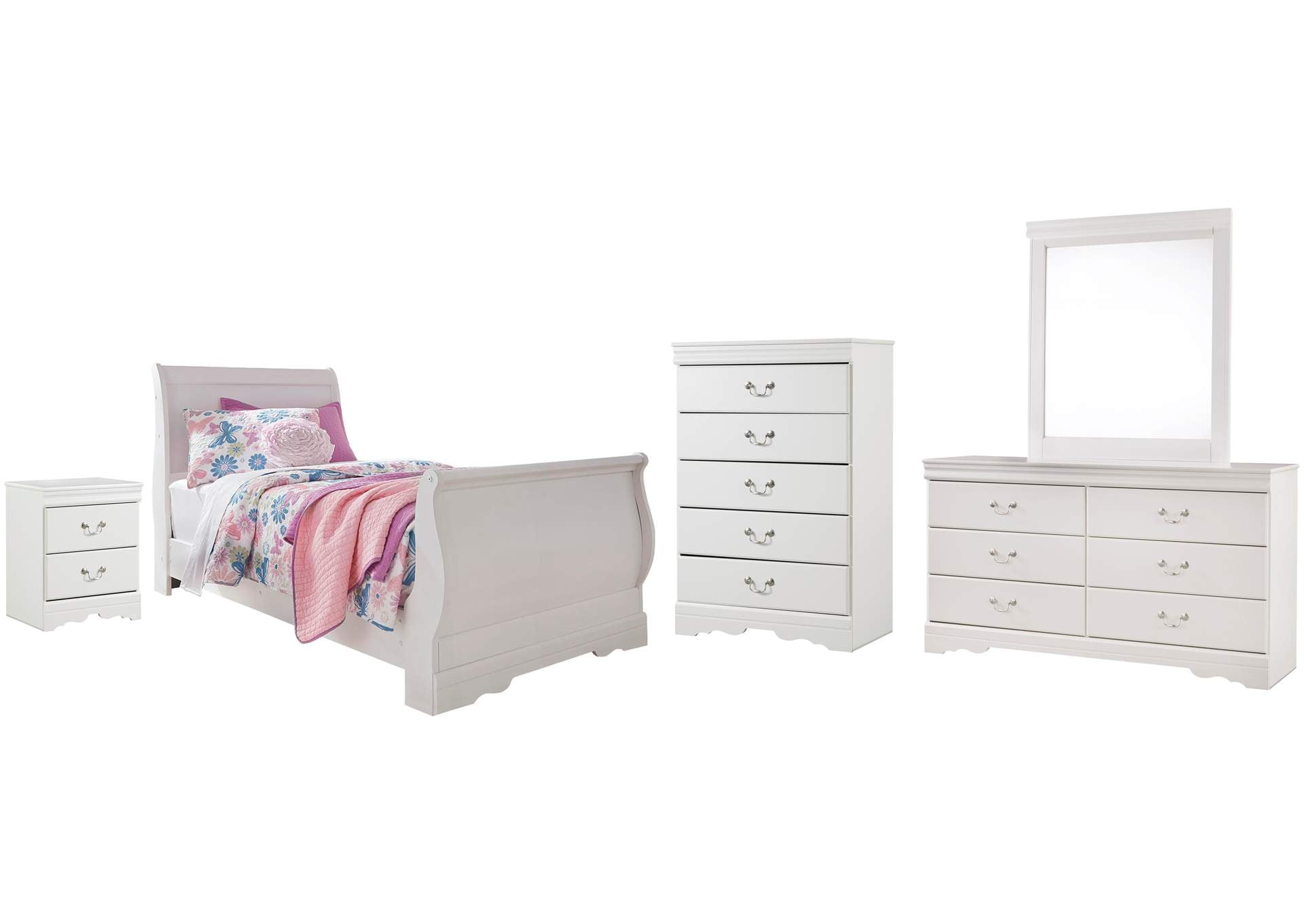 Anarasia Twin Sleigh Bed with Mirrored Dresser, Chest and Nightstand