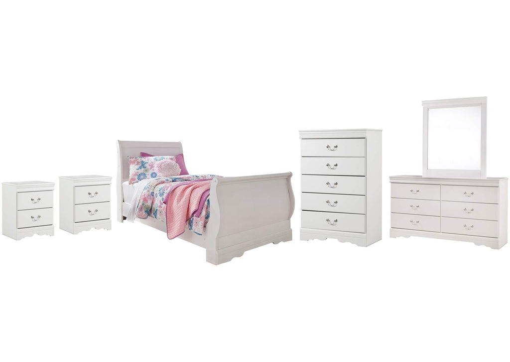 Anarasia Twin Sleigh Bed with Mirrored Dresser, Chest and 2 Nightstands