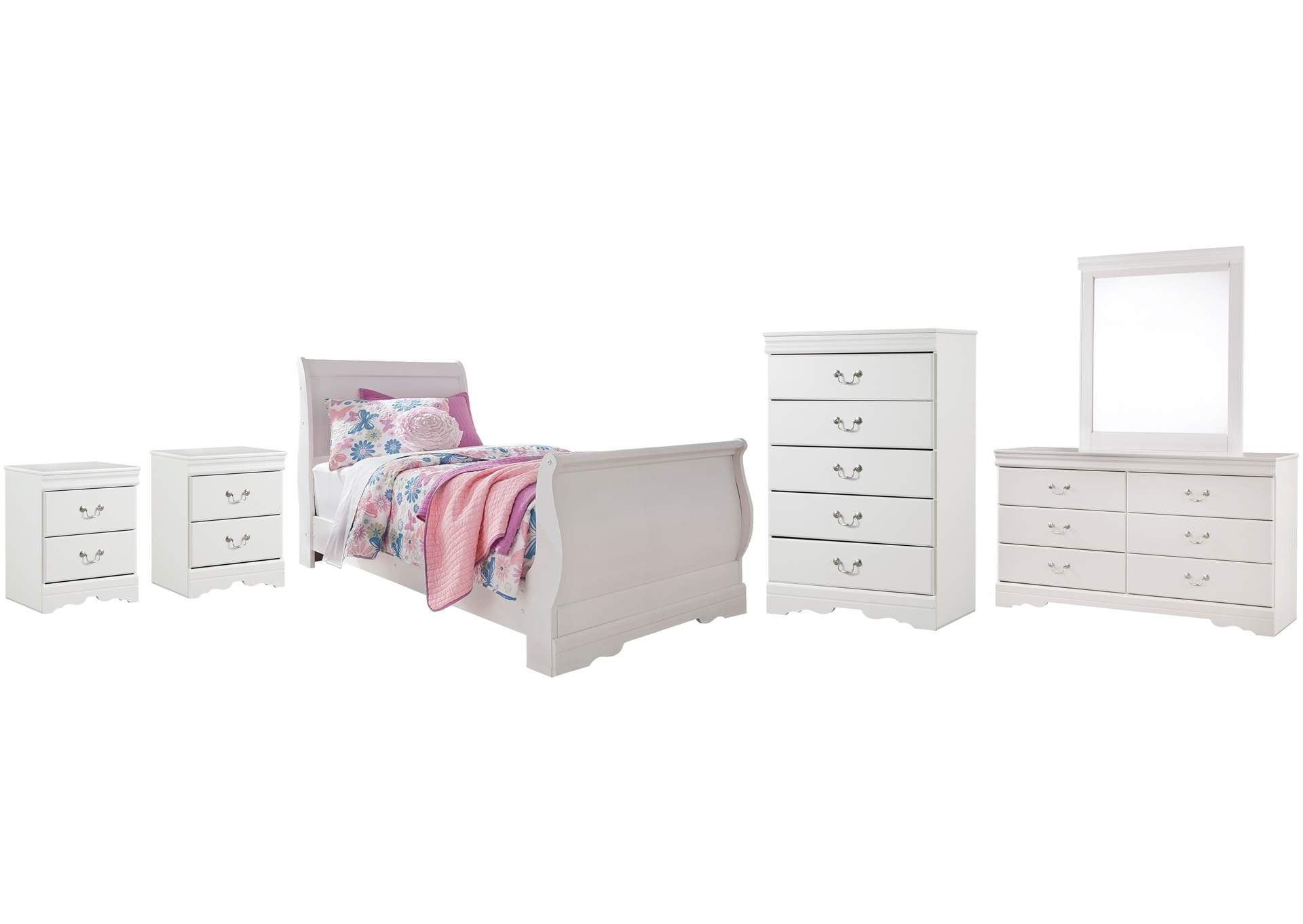 Anarasia Twin Sleigh Bed with Mirrored Dresser, Chest and 2 Nightstands