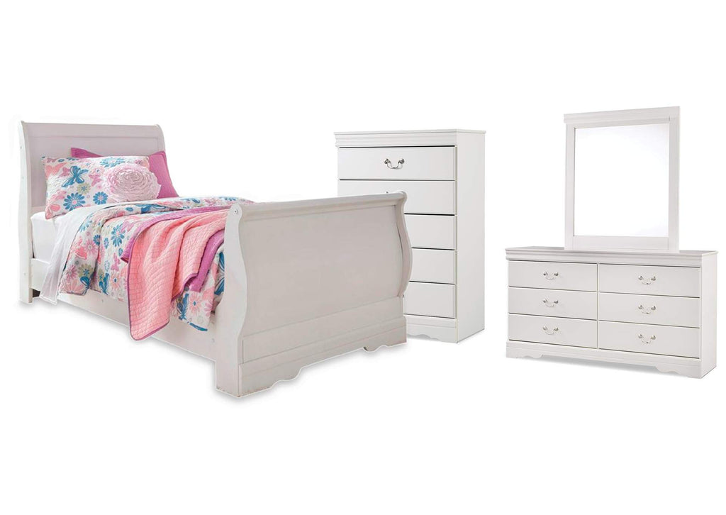 Anarasia Twin Sleigh Bed with Mirrored Dresser and Chest
