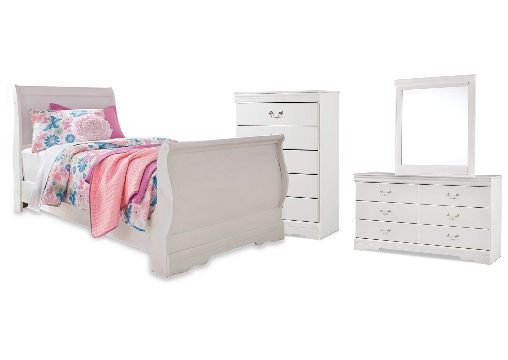 Anarasia Twin Sleigh Bed with Mirrored Dresser and Chest