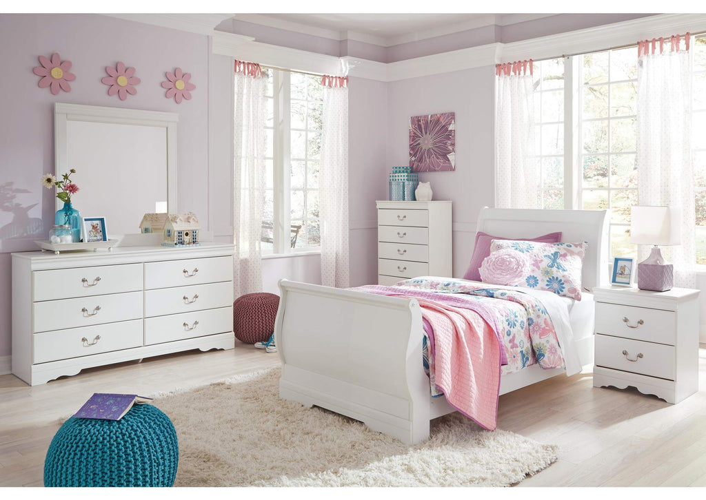 Anarasia Twin Sleigh Bed with Mirrored Dresser and Chest
