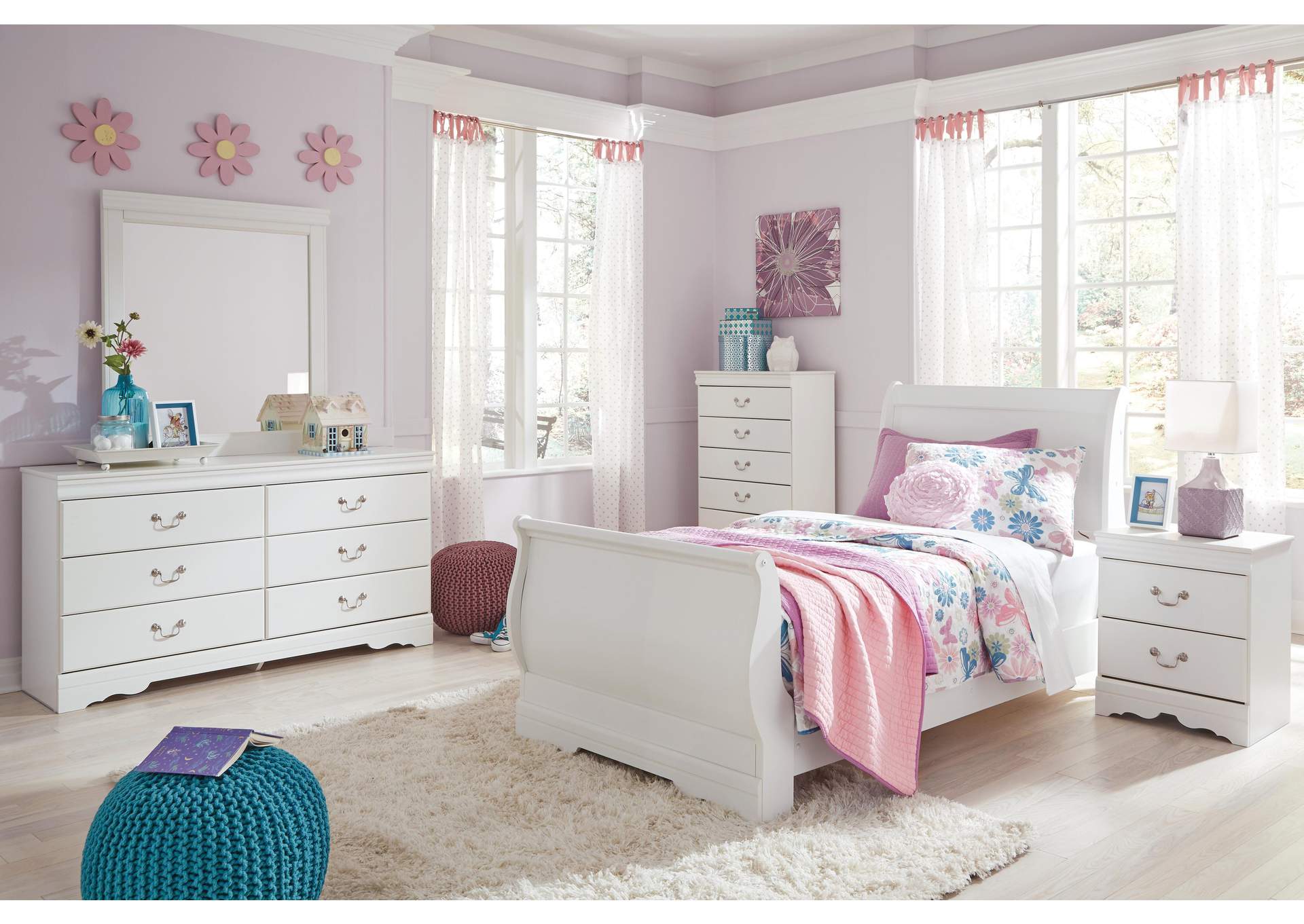 Anarasia Twin Sleigh Bed with Mirrored Dresser and 2 Nightstands