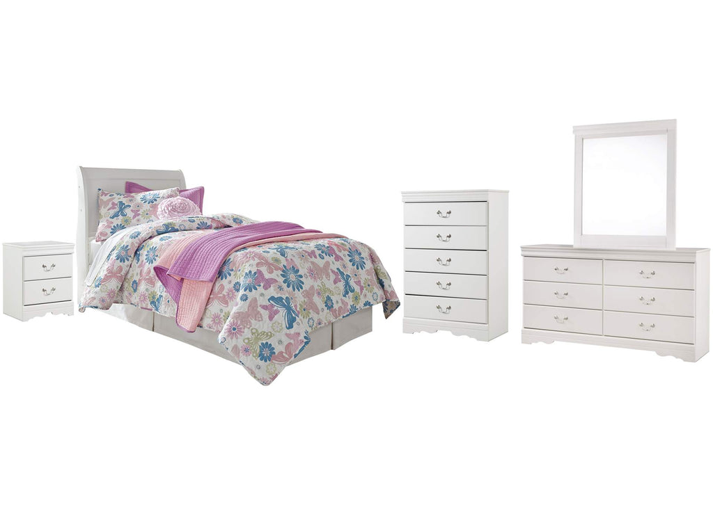 Anarasia Twin Sleigh Headboard Bed with Mirrored Dresser, Chest and Nightstand