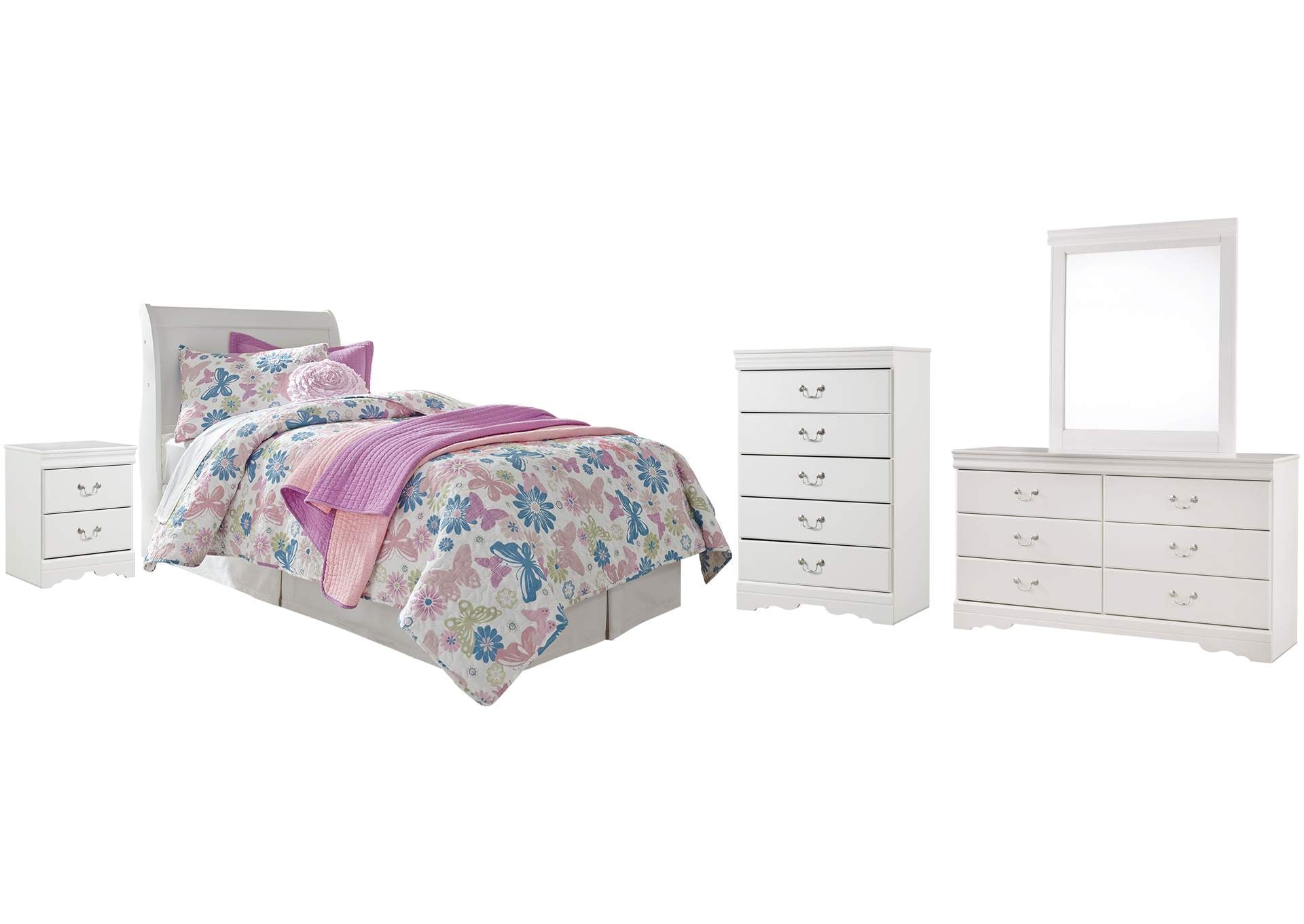 Anarasia Twin Sleigh Headboard Bed with Mirrored Dresser, Chest and Nightstand