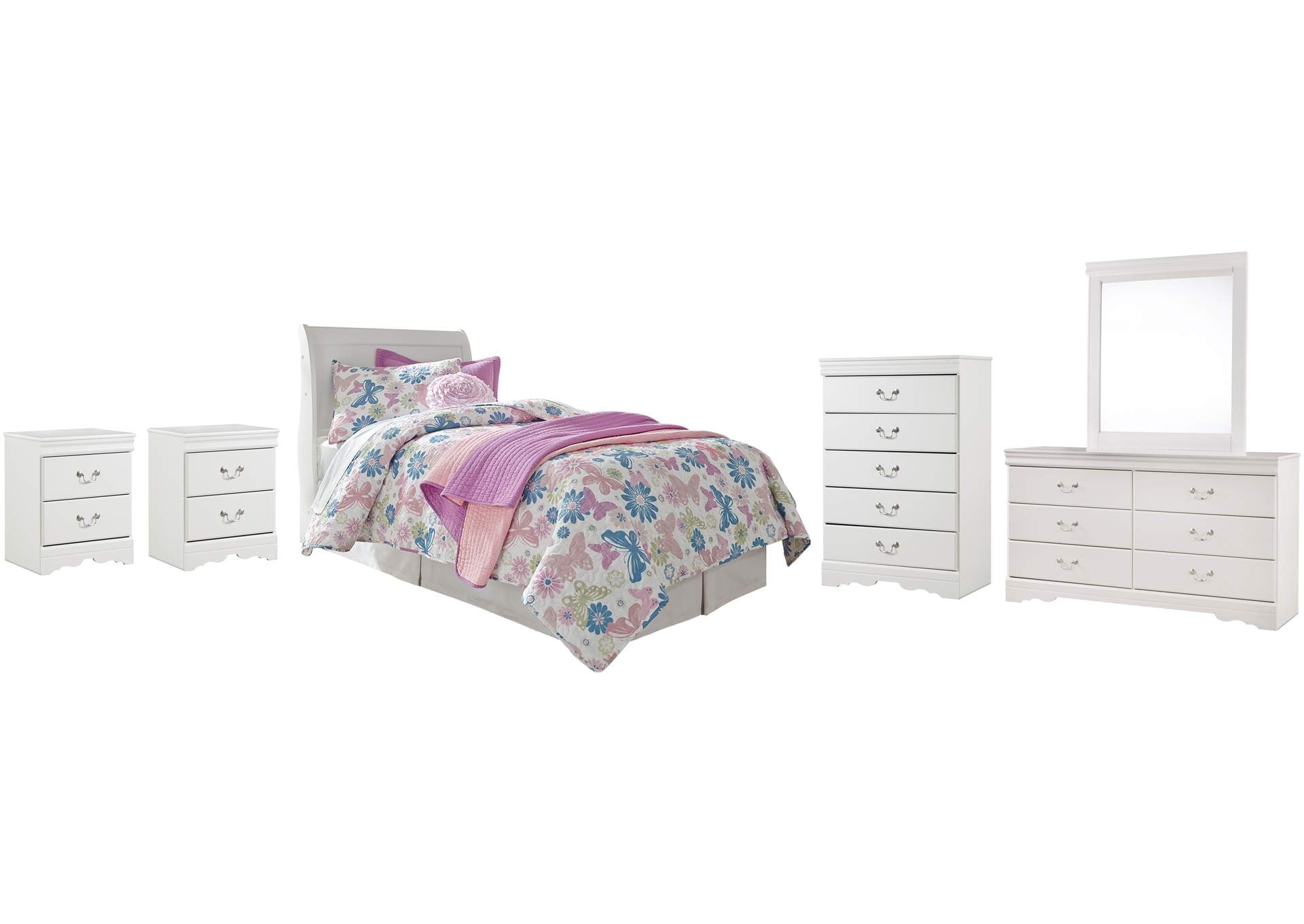 Anarasia Twin Sleigh Headboard, Dresser, Mirror, Chest and 2 Nightstands
