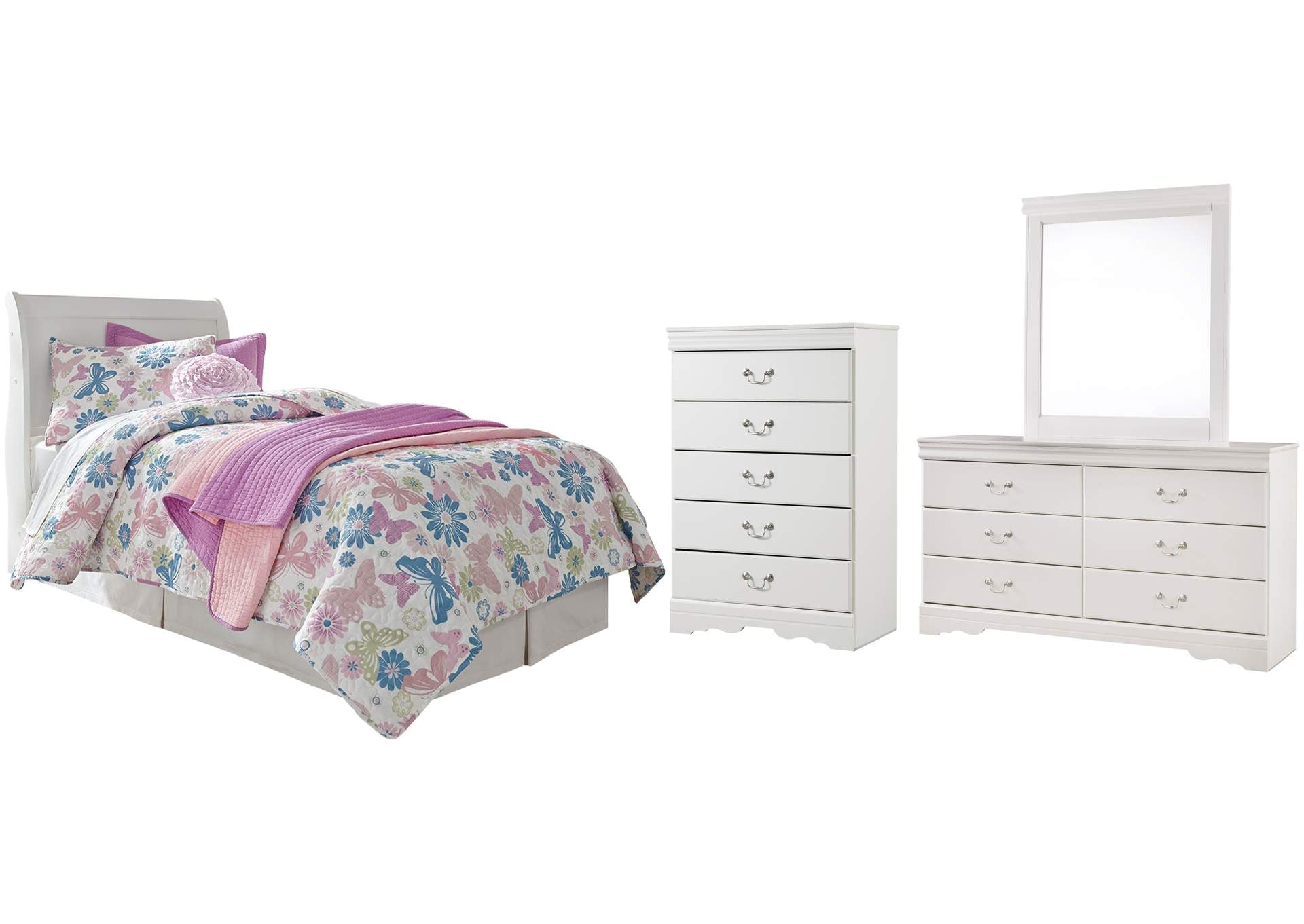 Anarasia Twin Sleigh Headboard Bed with Mirrored Dresser and Chest