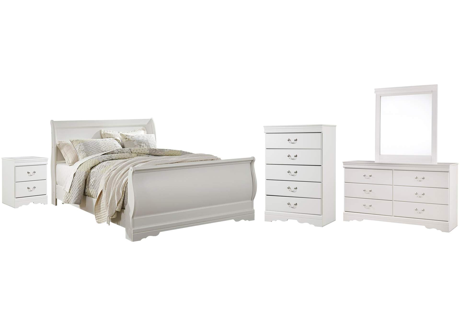 Anarasia Queen Sleigh Bed with Mirrored Dresser, Chest and Nightstand