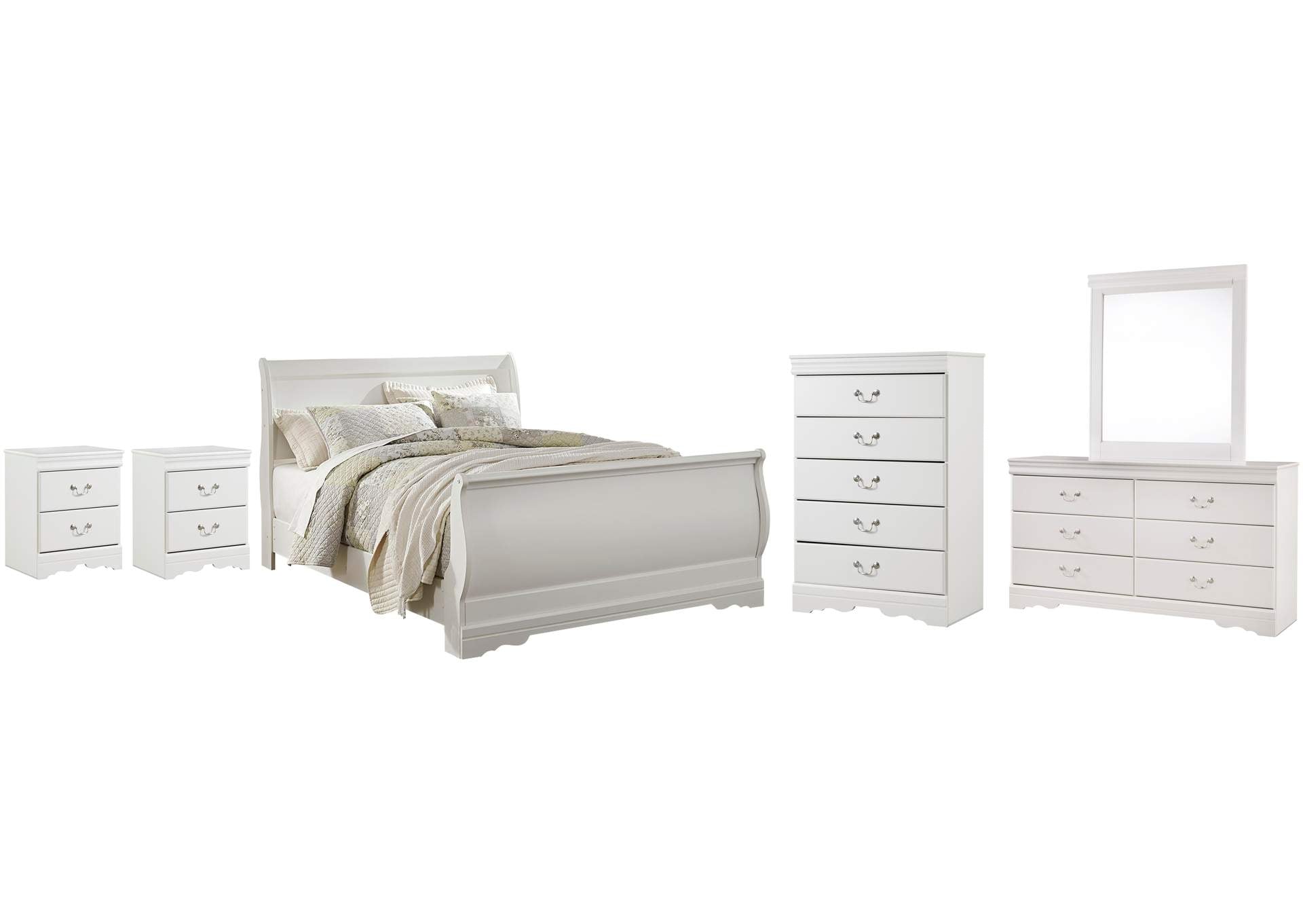 Anarasia Queen Sleigh Bed with Mirrored Dresser, Chest and 2 Nightstands