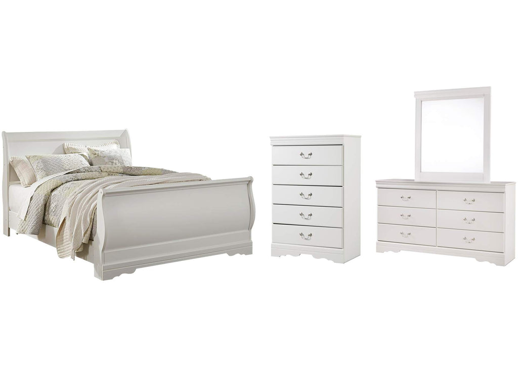 Anarasia Queen Sleigh Bed with Mirrored Dresser and Chest