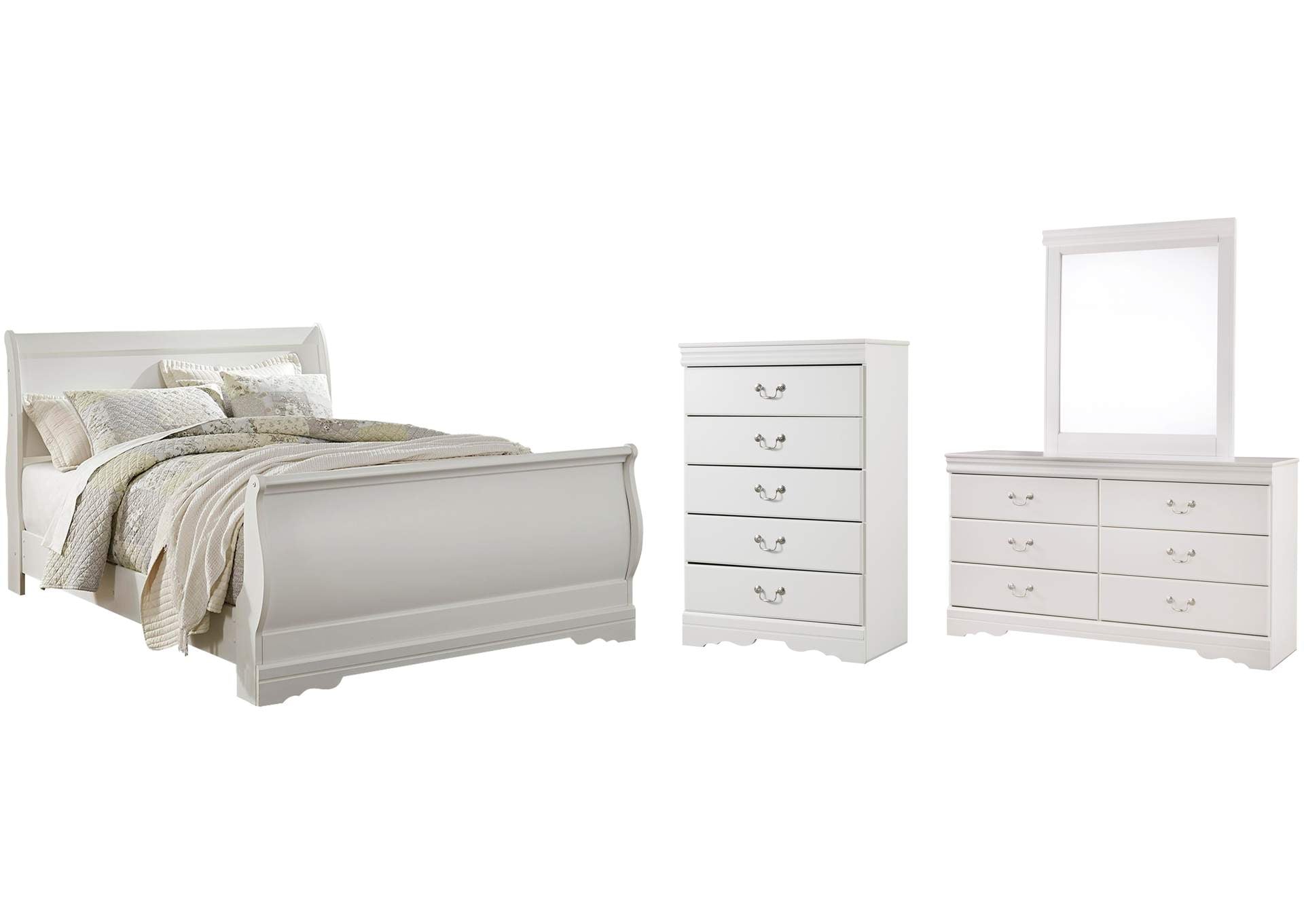 Anarasia Queen Sleigh Bed with Mirrored Dresser and Chest