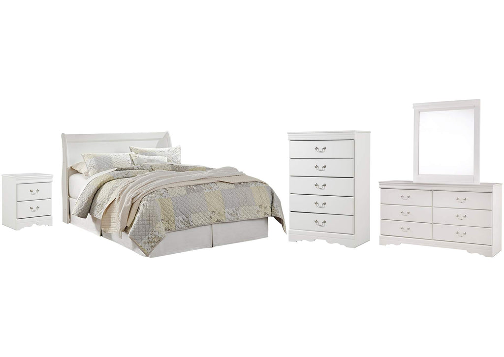 Anarasia Queen Sleigh Headboard Bed with Mirrored Dresser, Chest and Nightstand