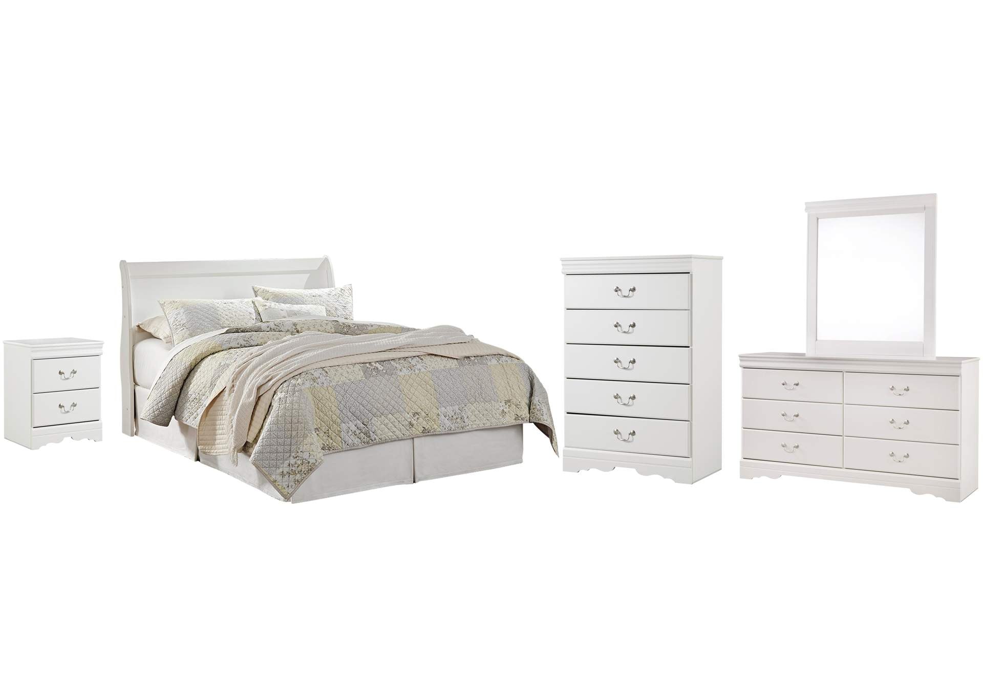 Anarasia Queen Sleigh Headboard Bed with Mirrored Dresser, Chest and Nightstand