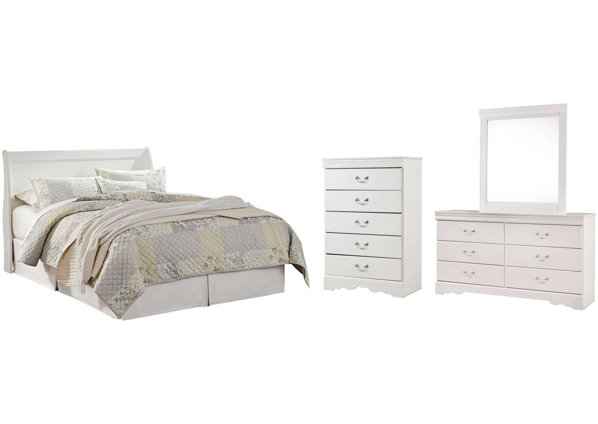 Anarasia Queen Sleigh Headboard Bed with Mirrored Dresser and Chest