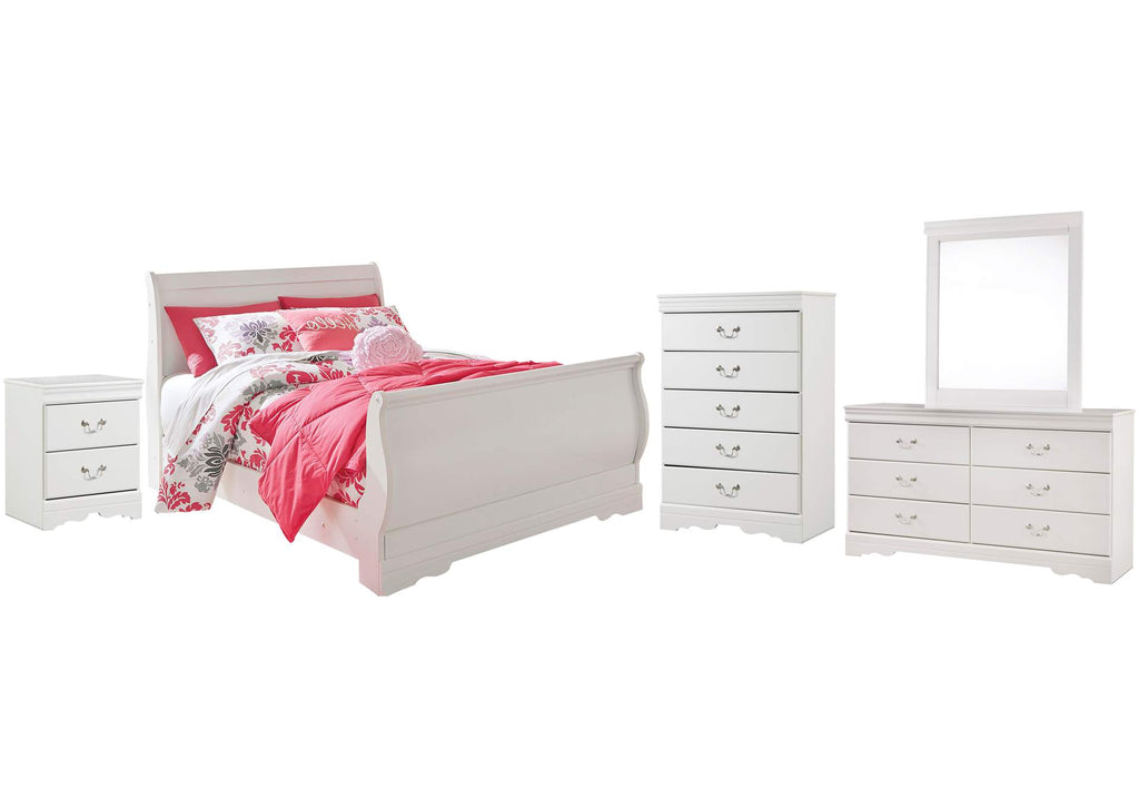 Anarasia Full Sleigh Bed with Mirrored Dresser, Chest and Nightstand