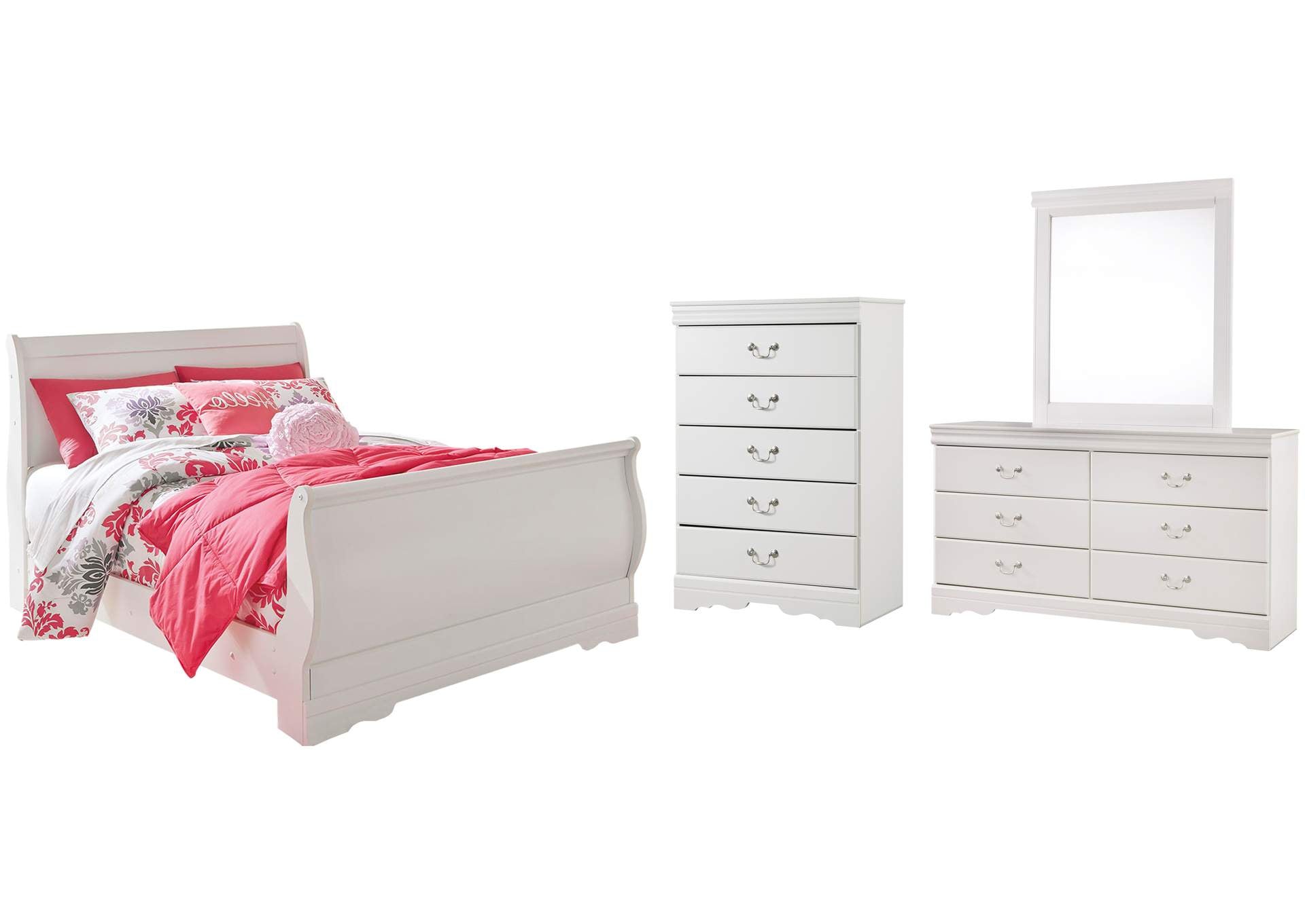 Anarasia Full Sleigh Bed with Mirrored Dresser and Chest