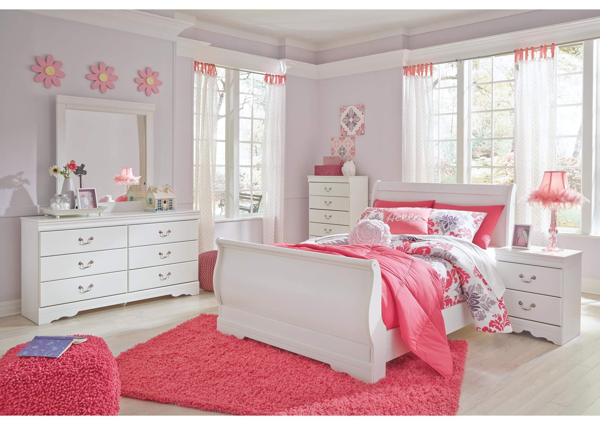 Anarasia Full Sleigh Headboard Bed with Mirrored Dresser, Chest and Nightstand