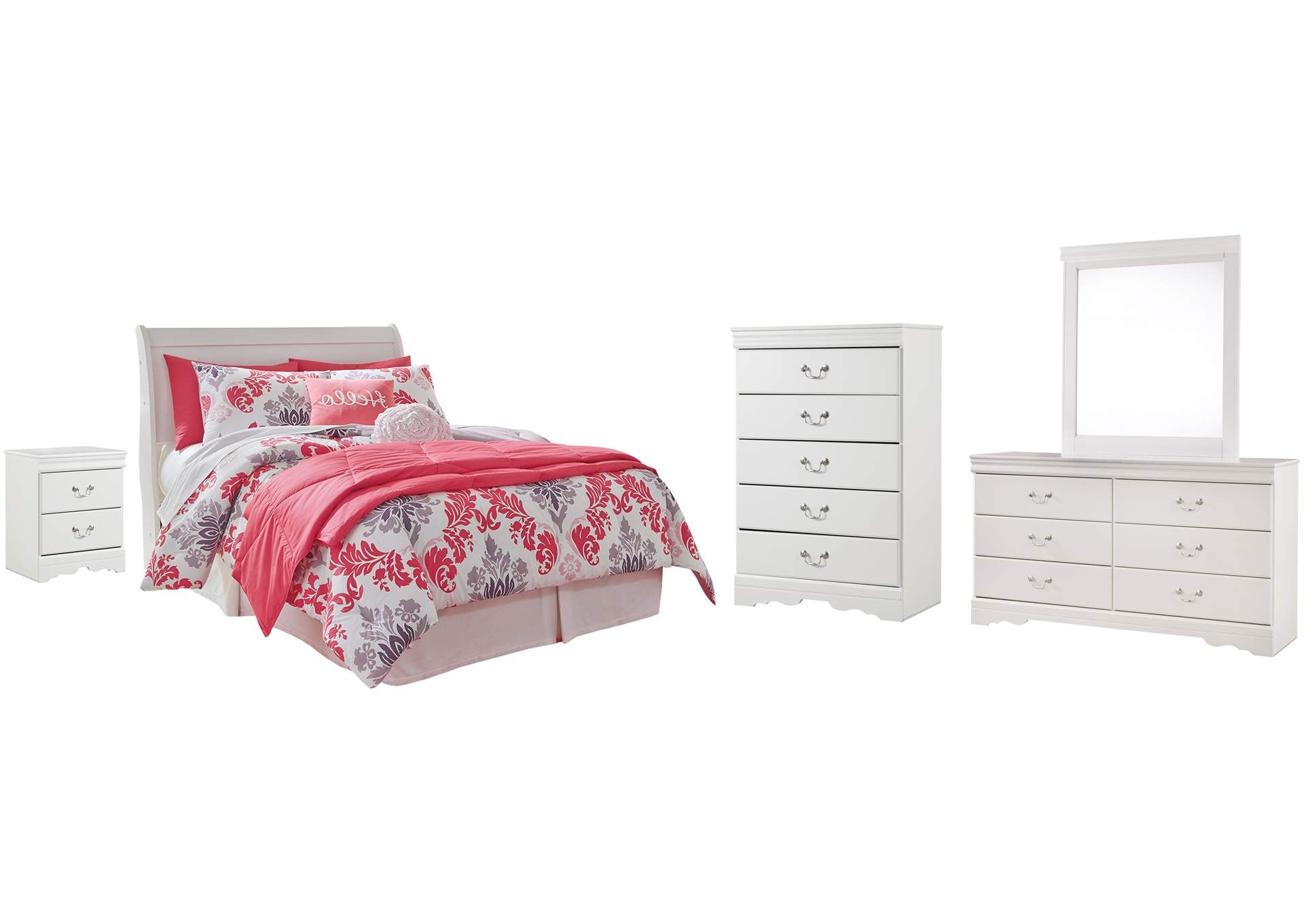Anarasia Full Sleigh Headboard Bed with Mirrored Dresser, Chest and Nightstand