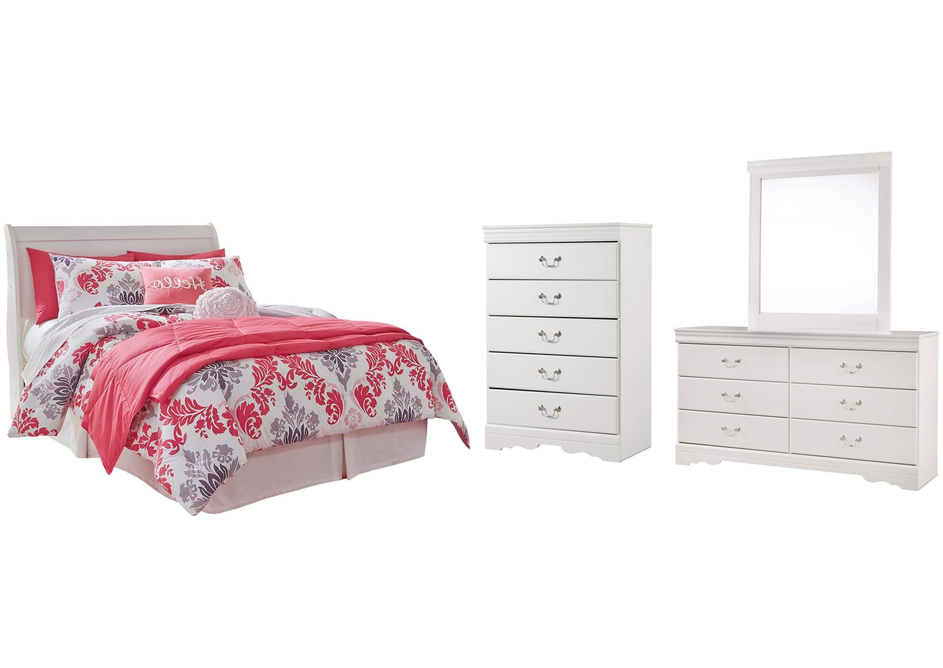 Anarasia Full Sleigh Headboard Bed with Mirrored Dresser and Chest