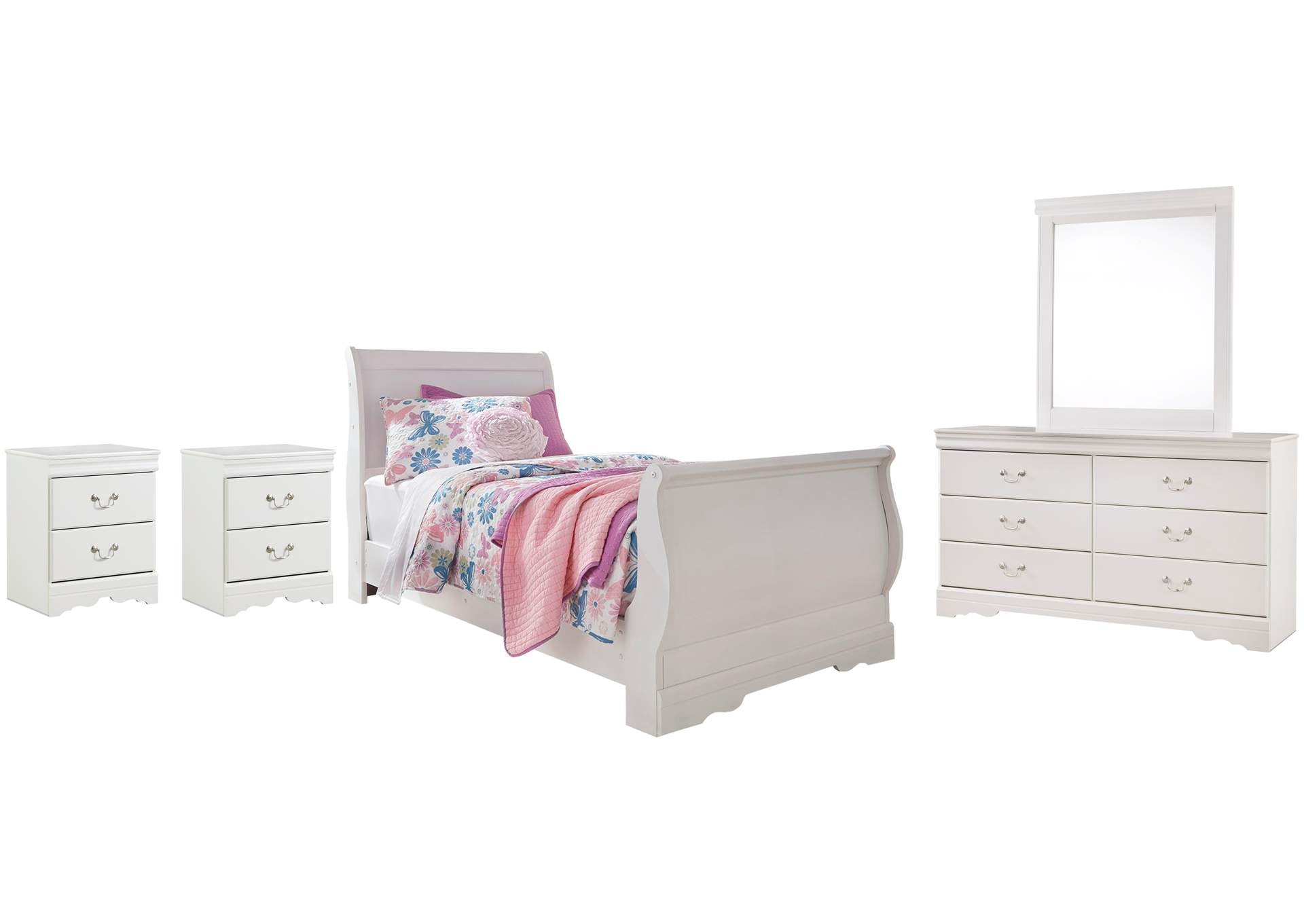 Anarasia Twin Sleigh Bed with Mirrored Dresser and 2 Nightstands