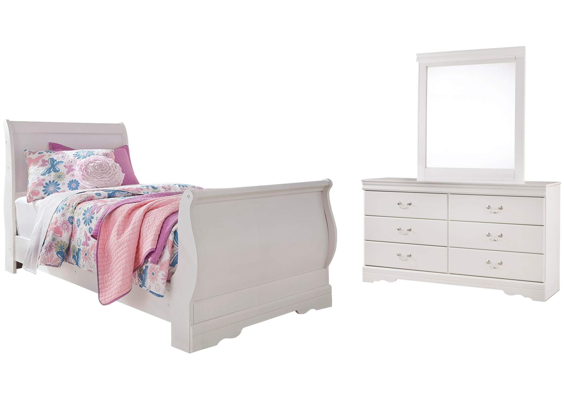 Anarasia Twin Sleigh Bed with Mirrored Dresser