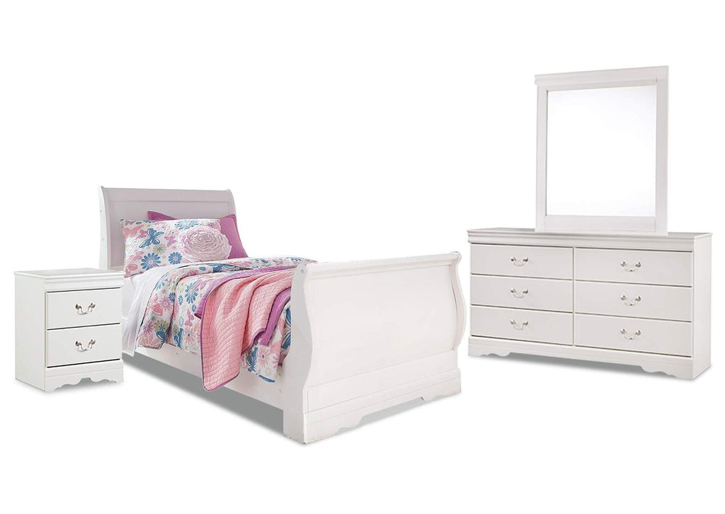 Anarasia Twin Sleigh Bed with Mirrored Dresser and Nightstand
