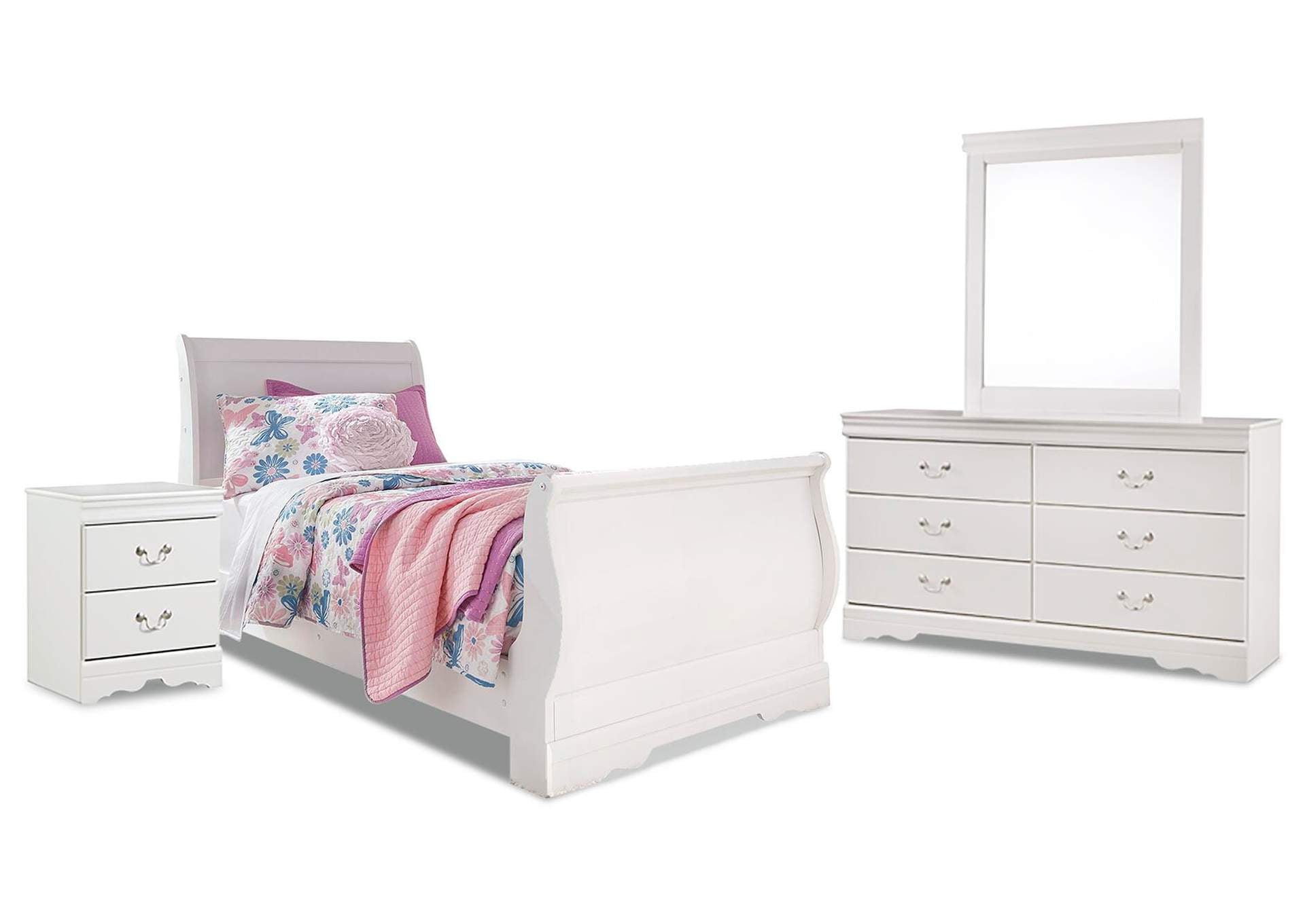 Anarasia Twin Sleigh Bed with Mirrored Dresser and Nightstand