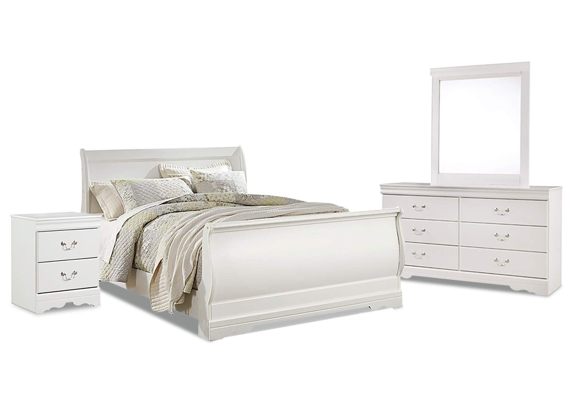 Anarasia Queen Sleigh Bed with Mirrored Dresser and Nightstand