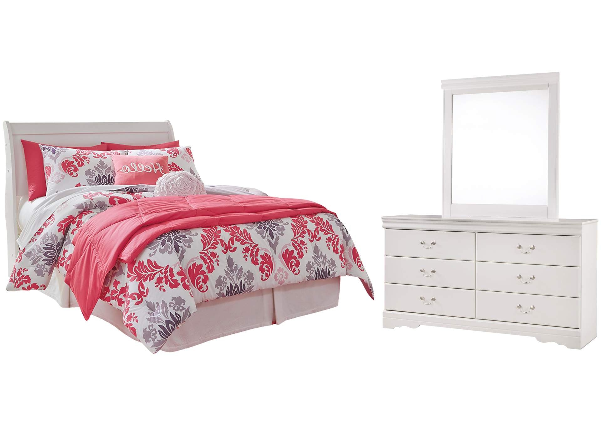 Anarasia Full Sleigh Headboard Bed with Mirrored Dresser