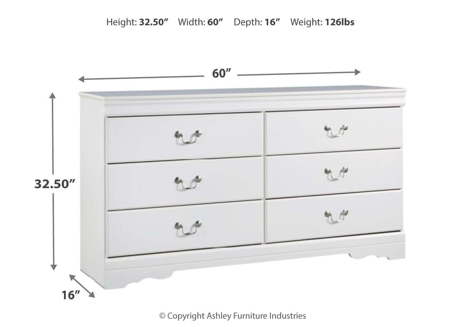 Anarasia Full Sleigh Headboard and Dresser dimensions