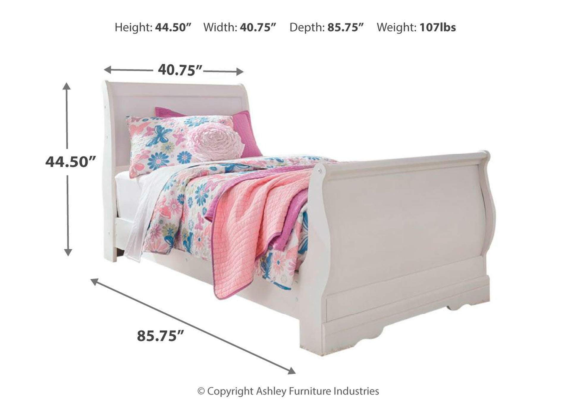 Anarasia Twin Sleigh Bed with Mirrored Dresser and Nightstand dimensions
