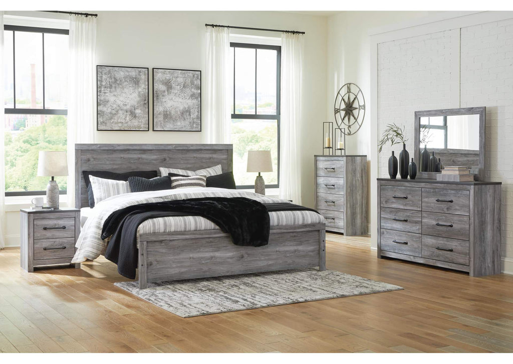 Bronyan King Panel Bed with Mirrored Dresser and Nightstand