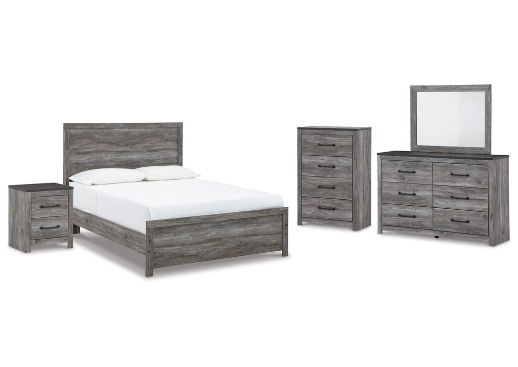 Bronyan Queen Panel Bed with Mirrored Dresser, Chest and Nightstand